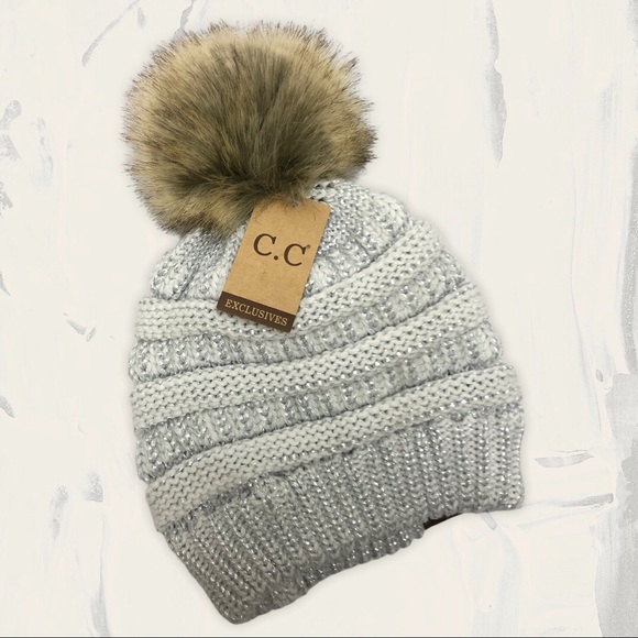 CC Boutique Accessories - CC beanie hat grey metallic with puff